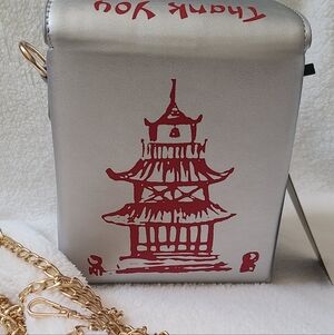 Takeout Box Bag With Red Pagoda Prints & Gold Chain Sling